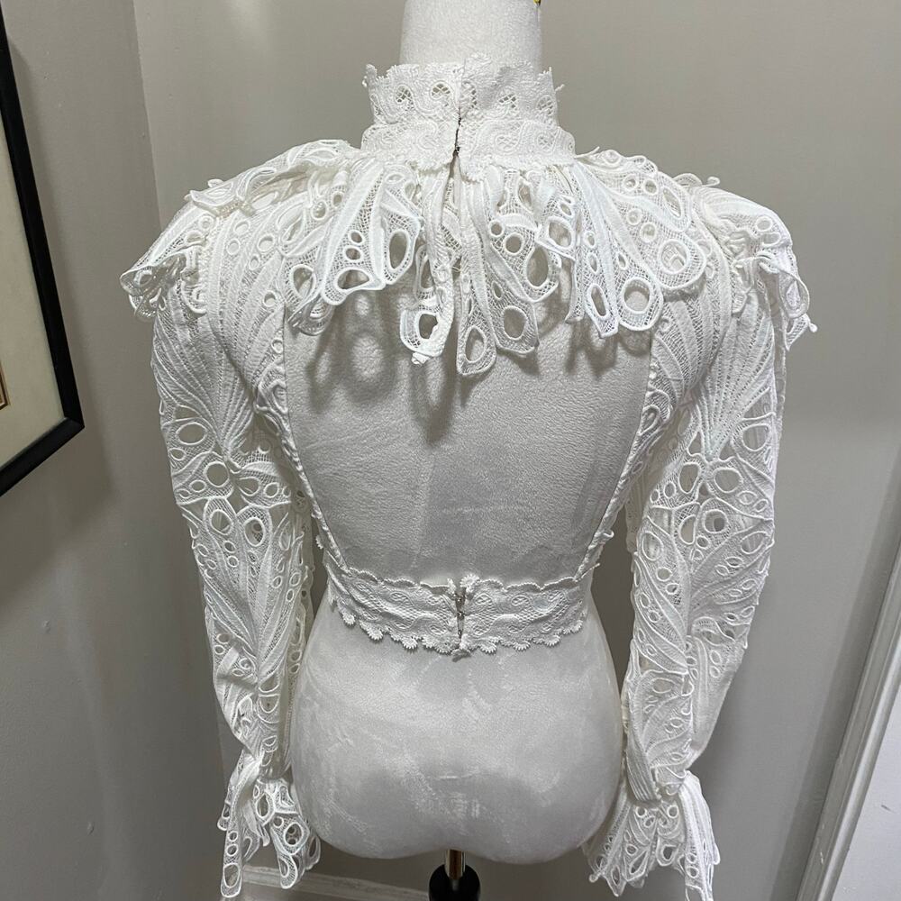 ASOS LUXE Backless Eyelet Ruffle Neck Top Sizes 0 White Lace Long Sleeve - Picture 13 of 13